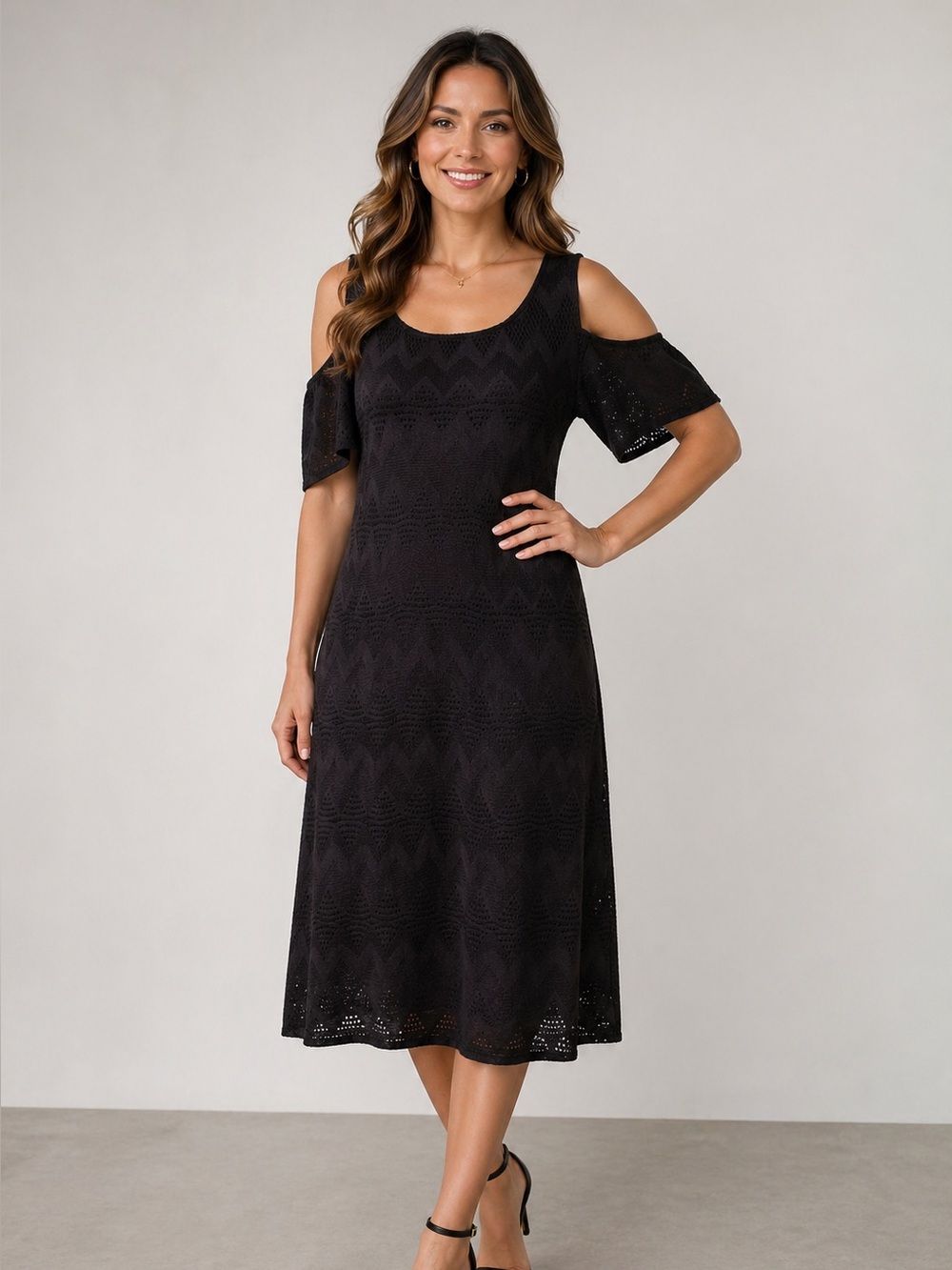 NINE WEST. Cold Shoulder Knit Sheath Dress. Black, Size 8. Eyelet work.